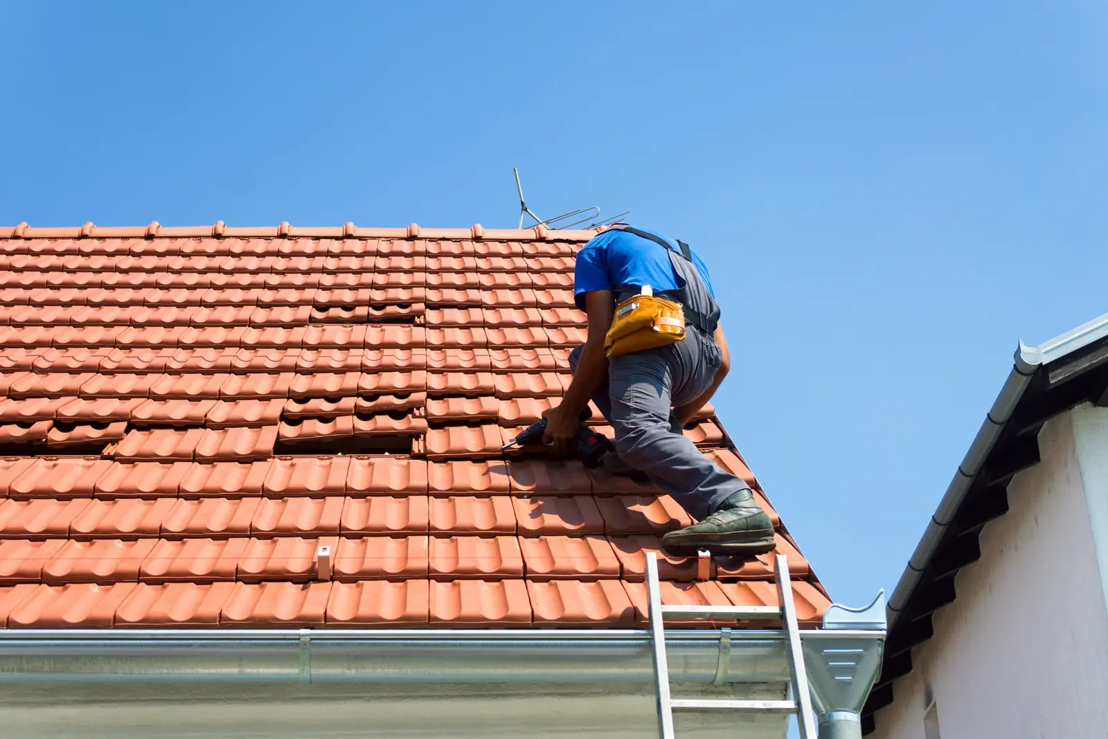 Close-up of a clay tile roof, the kind of roof whose tiles and underlayment this page covers